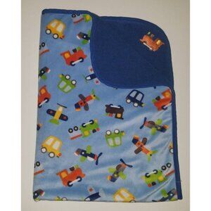 Tiddliwinks Blue Fleece Baby Blanket Lovey Trains Airplanes Cars Vehicles 30x40